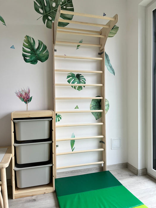 Sprossenwand 200cm - Kletterwand für Kinder ab 2 Jahren -Hartholz Rundstäbe,belastbar bis 80kg -Inklusive Einhänge-Modul und optionaler Rollenrutsche