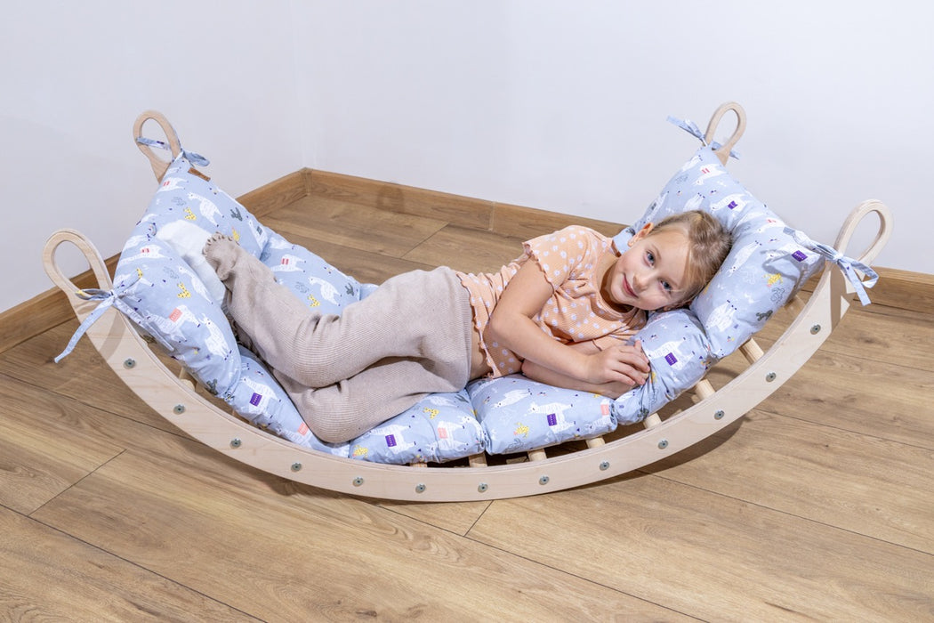 Holzwippe XL 120x50x59 cm – Premium-Auflage, Motorikspielzeug aus Holz