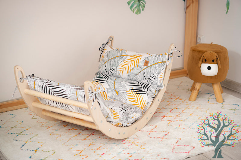 Holzwippe XL 120x50x59 cm – Premium-Auflage, Motorikspielzeug aus Holz