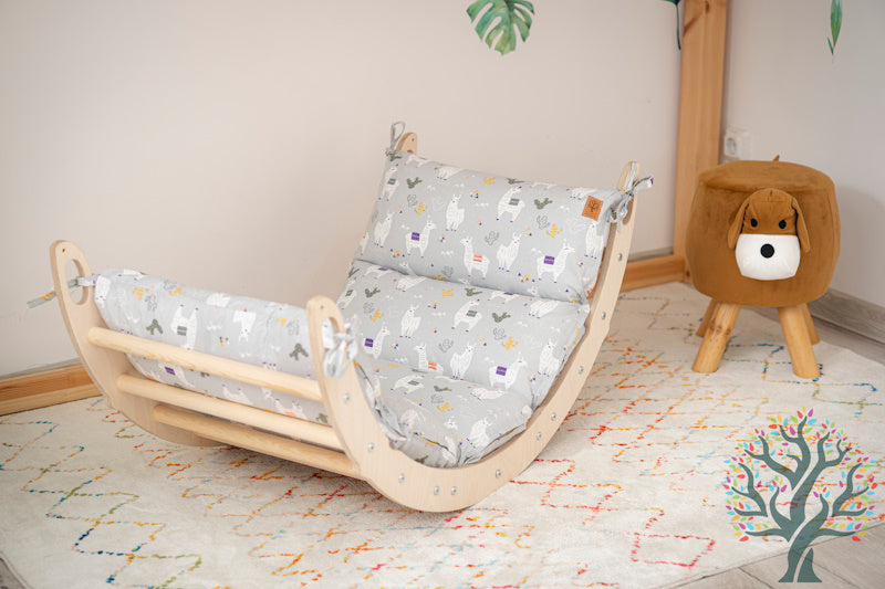 Holzwippe XL 120x50x59 cm – Premium-Auflage, Motorikspielzeug aus Holz