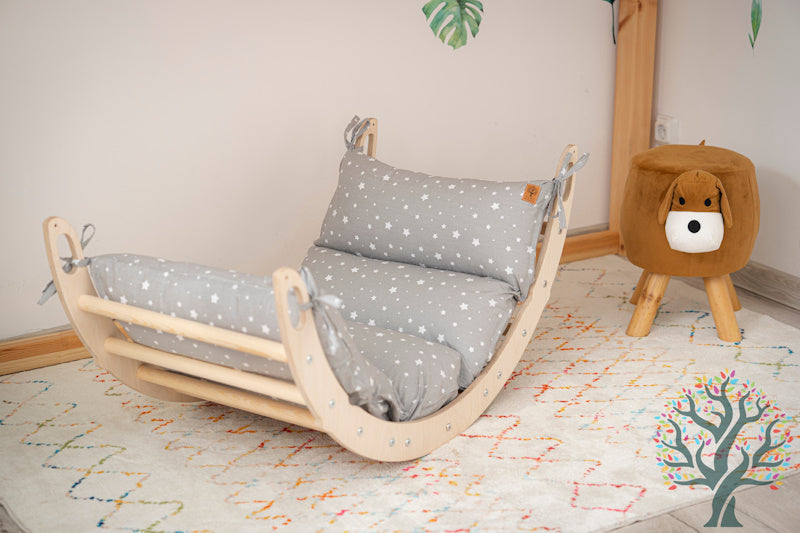 Holzwippe XL 120x50x59 cm – Premium-Auflage, Motorikspielzeug aus Holz